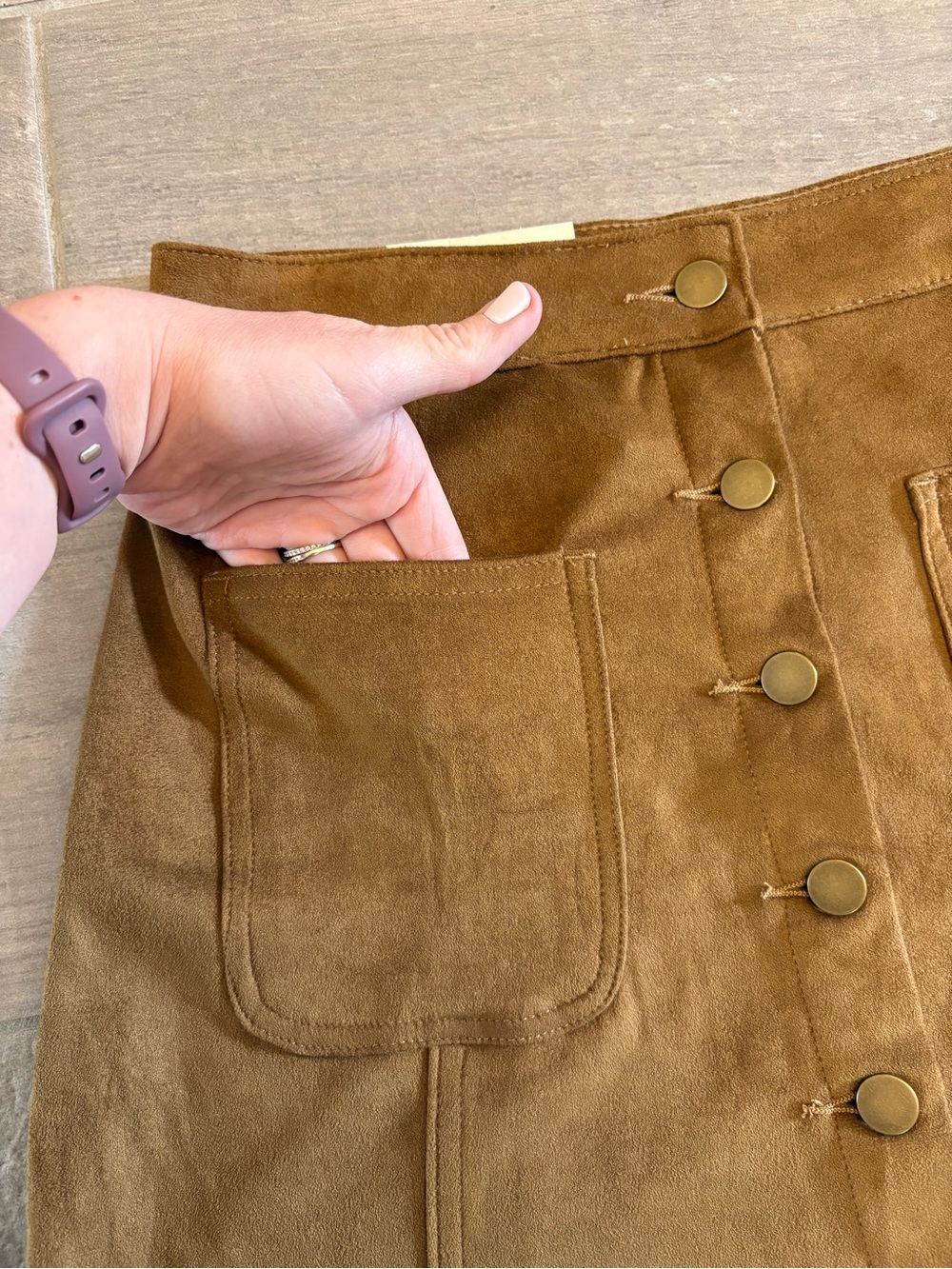 Altar’d State Faux Suede Button Front Mini Skirt Caramel Brown Pockets Fall S - Picture 3 of 10